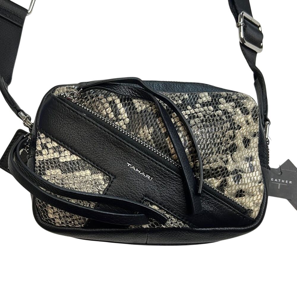Tahari Black & Gray Snakeskin Print “Icon” Crossbody Bag w/ Nylon Strap, NWT